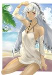  altera_(fate) arm_up beach chakama_817 dark_skin day detached_sleeves dress fate/grand_order fate_(series) heroic_spirit_formal_dress highres looking_at_viewer ocean outdoors palm_tree red_eyes short_dress short_hair sitting solo tattoo tree veil white_dress white_hair 