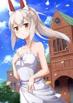  ame. animal_ears ayanami_(azur_lane) azur_lane bangs bare_arms bare_shoulders blue_sky bow church cloud collarbone commentary_request cowboy_shot cross day dress eyebrows_visible_through_hair frilled_dress frills glint grey_hair hair_between_eyes high_ponytail jewelry latin_cross long_hair looking_at_viewer orange_eyes outdoors ring round_window sidelocks sky smile solo strapless strapless_dress tree wedding_dress wedding_ring white_bow white_dress window 