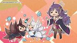  ahoge akagi_(azur_lane) animal_ears azur_lane black_hair blue_eyes commentary_request flower flying_sweatdrops fox_ears fox_tail hair_flower hair_ornament houshou_(azur_lane) japanese_clothes kaga_(azur_lane) long_hair megahiyo multiple_girls multiple_tails off_shoulder purple_hair short_hair sweatdrop tail thighhighs twitter_username white_hair younger 