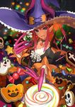  bangs blue_eyes candy choker dress earrings elizabeth_bathory_(fate) elizabeth_bathory_(fate)_(all) elizabeth_bathory_(halloween)_(fate) fate/grand_order fate_(series) food frills halloween halloween_costume hat holding holding_lollipop horns jack-o'-lantern jewelry lollipop long_hair looking_at_viewer official_art open_mouth pink_hair pointy_ears pumpkin sharp_teeth smile solo star swirl_lollipop teeth wada_aruko witch_hat 