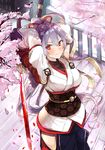  armpits arms_up cherry_blossoms detached_sleeves fate/grand_order fate_(series) hair_ribbon hakama highres hip_vent japanese_clothes katana mitsudomoe_(shape) obi red_eyes ribbon sash single_detached_sleeve solo sword to_kyo tomoe_(symbol) tomoe_gozen_(fate/grand_order) weapon white_hair 