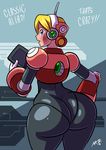  1girl alia alia_(rockman) android armor ass axel-rosered blonde_hair blue_eyes blush capcom headphones headset highres huge_ass looking_at_viewer rockman rockman_x short_hair solo spandex standing thick_thighs thighs 