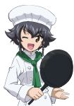  1girl ;d alternate_costume bangs black_hair braid brown_eyes chef_hat chef_uniform commentary eyebrows_visible_through_hair girls_und_panzer green_scarf grin hat holding holding_pan kanau looking_at_viewer one_eye_closed open_mouth pepperoni_(girls_und_panzer) scarf short_hair side_braid simple_background skillet smile solo standing upper_body white_background white_hat 