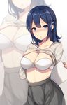  absurdres alternate_hairstyle blouse blue_eyes blue_hair bra breasts grey_skirt hair_ornament hairclip highres kantai_collection large_breasts long_sleeves medium_hair note shirt_lift skirt solo souryuu_(kantai_collection) underwear white_background white_bra zhi_zhi/zu_zu zoom_layer 