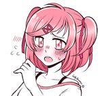  blush doki_doki_literature_club hair_ornament hair_ribbon hairclip natsuki_(doki_doki_literature_club) open_mouth pink_eyes pink_hair ribbon shirt white_shirt 