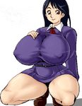  1girl ahoge air_master black_hair breasts brown_eyes curvy erect_nipples hips huge_breasts isu long_hair looking_at_viewer lowres nakanotani_mina navel oekaki smile solo squatting 