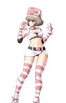  ankle_boots bangs belt blunt_bangs boots breasts brown_hair cleavage clenched_hand elbow_gloves fingerless_gloves full_body gloves hat heart looking_to_the_side medium_breasts midriff mole mole_under_mouth navel nurse nurse_cap nurse_odafuji official_art puffy_short_sleeves puffy_sleeves red_cross ring_dream short_hair short_sleeves smile solo striped striped_gloves striped_legwear thighhighs transparent_background wrestling_outfit yellow_eyes 