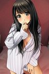  black_eyes black_hair blush breasts cleavage cove eyebrows_visible_through_hair highres long_hair long_sleeves looking_at_viewer matsunaga_kouyou original pajamas small_breasts solo striped striped_pajamas 