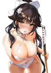  ass_visible_through_thighs azur_lane bare_shoulders bent_over black_hair blurry blurry_background blush bow breast_hold breasts brown_eyes cowboy_shot criss-cross_halter depth_of_field eyebrows_visible_through_hair flower hair_bow hair_flower hair_ornament halterneck large_breasts leaning_forward long_hair looking_at_viewer ogino_atsuki one-piece_swimsuit parted_lips simple_background solo swimsuit sword takao_(azur_lane) very_long_hair weapon white_background white_swimsuit wooden_sword 