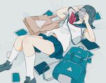  backpack bag bangs blouse blue_hair blue_legwear blue_skirt book camera commentary_request covered_face daisukerichard holding holding_camera kneehighs knees_up loafers lying on_back original pleated_skirt school_uniform serafuku shoes short_hair short_sleeves skirt solo tote_bag white_blouse 