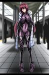  armor bodysuit breasts commentary_request covered_navel covered_nipples exhibitionism fate/grand_order fate_(series) jacket large_breasts long_hair looking_at_viewer open_clothes open_jacket public_nudity purple_bodysuit purple_hair red_eyes scathach_(fate)_(all) scathach_(fate/grand_order) solo tasuro_kuzuha 