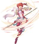  armor attack breasts fire_emblem fire_emblem_heroes fire_emblem_if full_body gloves haccan highres hinoka_(fire_emblem_if) official_art open_mouth polearm red_eyes red_hair short_hair small_breasts spear transparent_background weapon 