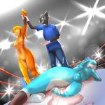  artist_request blue_eyes breasts cat censored dog furry laying_down nipples orange_eyes pussy rabbit ring smile wrestling 