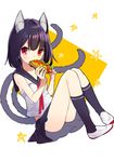  absurdres animal_ears bangs black_hair black_legwear black_skirt cat_ears cat_girl cat_tail eyebrows_visible_through_hair food full_body highres holding holding_food hot_dog kneehighs lettuce looking_at_viewer looking_to_the_side multiple_tails omucchan_(omutyuan) original pleated_skirt red_eyes school_uniform serafuku shirt shoes simple_background sitting skirt sleeveless sleeveless_shirt solo star tail two-tone_background two_tails uwabaki white_background white_footwear white_shirt yellow_background 