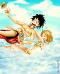  1boy 1girl black_eyes black_hair blush couple female highres male monkey_d_luffy nami_(one_piece) one_piece orange_hair short_hair smile tattoo 