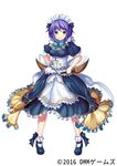  black_footwear blue_dress blue_eyes breasts dress dual_wielding frills girls_symphony holding knife looking_at_viewer maid_headdress matatabi_maru medium_breasts official_art purple_hair reverse_grip short_hair socks solo standing vanny_b_lully weapon white_legwear 