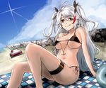  :q ahoge azur_lane beach bikini black_bikini breasts brown_eyes commentary_request cross cross_earrings day earrings hair_between_eyes hair_ribbon highres jewelry large_breasts long_hair looking_at_viewer multicolored_hair navel outdoors prinz_eugen_(azur_lane) red_hair ribbon sataking silver_hair smile solo stomach streaked_hair swimsuit tongue tongue_out turret two_side_up very_long_hair 