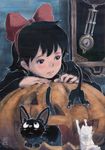  artist_name black_cat black_eyes black_hair blush bow cat clock commentary dark frown hair_bow halloween highres indoors jack-o'-lantern jiji_(majo_no_takkyuubin) kiki li_(lithium0522) majo_no_takkyuubin mixed_media sad short_hair signature studio_ghibli texture traditional_media watercolor_(medium) white_cat 