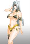  ac_butsupa arm_strap armband bare_shoulders bikini black_bikini breasts cleavage covered_nipples gradient gradient_background grey_background groin highres large_breasts long_hair navel red_eyes selvaria_bles senjou_no_valkyria side-tie_bikini silver_hair solo swimsuit thigh_strap underboob white_background 