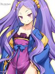  blush bow chinese_clothes commentary_request fate/grand_order fate_(series) hanfu highres kasaran long_hair long_sleeves looking_at_viewer purple_eyes purple_hair sash shawl smile solo twintails very_long_hair wide_sleeves wu_zetian_(fate/grand_order) 