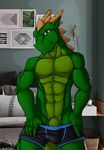  abs anthro bed bedroom biceps briefs bulge clothed clothing green_eyes green_scales horn inside lizard looking_at_viewer male muscular muscular_male obliques pecs penis reptile saruuk scales scalie smile solo standing teasing topless triceps underwear underwear_down undressing 