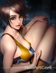  bare_shoulders breasts brown_eyes brown_hair covered_nipples eyebrows freckles light_smile lips looking_at_viewer medium_breasts nudtawut_thongmai overwatch short_hair short_shorts shorts signature sitting solo sweat thighs tracer_(overwatch) watermark web_address 