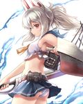  animal_ears armpits ass ayanami_(azur_lane) azur_lane bare_shoulders belt breasts commentary_request highres holding holding_weapon long_hair looking_at_viewer miniskirt murano_(ursa_polaris) panties pleated_skirt red_eyes school_uniform serafuku silver_hair skirt small_breasts solo underwear weapon white_panties 