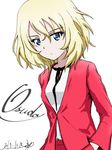  artist_name bangs blonde_hair blue_eyes bukkuri casual character_name closed_mouth cursive dated eyebrows_visible_through_hair girls_und_panzer girls_und_panzer_saishuushou hands_in_pockets jacket long_sleeves looking_at_viewer oshida_(girls_und_panzer) pink_jacket shirt signature simple_background solo standing upper_body white_background white_shirt 