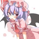  bat_wings blouse blush d: hat highres looking_at_viewer mob_cap open_mouth purple_hair red_eyes remilia_scarlet short_hair skirt skirt_set solo touhou v-shaped_eyebrows wings yorurumo 