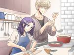  1girl apron blonde_hair blue_eyes cabinet carrot counter cutting_board drawer glasses holding holding_knife indoors knife ladle medium_hair mole mole_under_mouth morioka_moriko netojuu_no_susume purple_hair red-framed_eyewear sakurai_yuuta salt skillet spatula standing stove sweatdrop tancoarc teapot tongs wavy_mouth 