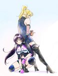  &gt;:) arm_strap ayase_eli belt between_legs black_footwear blonde_hair blue_eyes boots character_name coffee_cup cup disposable_cup elbow_gloves finger_gun fingerless_gloves gloves green_eyes hand_between_legs high_heel_boots high_heels highres knee_pads leaning_on_person long_hair looking_at_viewer love_live! love_live!_school_idol_festival love_live!_school_idol_project multiple_girls navel navel_cutout phantom_thief_erichika pink_gloves pink_scrunchie ponytail purple_hair race_queen scrunchie sleeveless smile spread_legs squatting standing thigh_boots thighhighs toujou_nozomi twintails v-shaped_eyebrows white_scrunchie zawawa_(satoukibi1108) zipper 