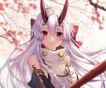  arm_guards armor artist_name bangs bare_shoulders blurry blush bow breasts cherry_blossoms closed_mouth depth_of_field detached_sleeves fate/grand_order fate_(series) hair_bow hair_ribbon headband horns large_breasts lips long_hair looking_at_viewer oni_horns red_bow red_eyes ribbon rosuuri sideboob sleeveless sleeveless_turtleneck smile solo sword tomoe_gozen_(fate/grand_order) tree turtleneck upper_body weapon white_hair 