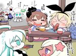  &gt;_&lt; :3 ahoge animal_ears aqua_eyes bangs blonde_hair blue_eyes blunt_bangs bowl brown_hair bunny_ears chef_hat chibi chopsticks cloak closed_eyes collar comic commentary_request cushion dress eating elbow_gloves enemy_aircraft_(kantai_collection) fake_animal_ears fan fish flower folded_ponytail food_in_mouth fur_trim gloves grilling hachimaki hair_between_eyes hair_flower hair_ornament hairband happi hat headband headgear holding holding_chopsticks holding_plate horns i-class_destroyer japanese_clothes kantai_collection long_hair mittens multiple_girls nejiri_hachimaki northern_ocean_hime northern_water_hime open_mouth paper_fan partially_translated plate rensouhou-chan rice rice_bowl ro-500_(kantai_collection) sailor_dress sako_(bosscoffee) saury shimakaze_(kantai_collection) shinkaisei-kan sidelocks sitting sitting_on_head sitting_on_person smile submarine_hime table tan translation_request white_hair x3 yukikaze_(kantai_collection) 