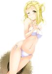  bikini blonde_hair braid breasts crown_braid green_eyes hair_rings hat hat_removed headwear_removed highres hino_minato_(spec.c) looking_at_viewer love_live! love_live!_sunshine!! medium_breasts ohara_mari short_hair side-tie_bikini simple_background smile solo sun_hat swimsuit white_background white_bike_shorts yellow_eyes 