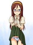  ass_visible_through_thighs bangs blouse blue_background blue_eyes blue_panties blush bow bow_panties bowtie brown_blouse brown_hair commentary_request cowboy_shot crotch_seam eyebrows_visible_through_hair furusawa_yoriko glasses gradient gradient_background green_skirt hairband idolmaster idolmaster_cinderella_girls lielos long_hair looking_at_viewer medium_skirt mole mole_under_eye panties parted_lips puffy_short_sleeves puffy_sleeves rectangular_eyewear red-framed_eyewear short_sleeves skirt skirt_lift solo standing thigh_gap underwear yellow_hairband 