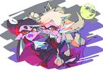  2girls alternate_costume animal_ears aori_(splatoon) ascot black_cape black_footwear black_hair black_jacket black_pants brown_eyes cape closed_mouth commentary_request costume cousins dog_tail earrings fangs full_body gloves grey_hair grin high_heels highres hotaru_(splatoon) jacket jewelry long_hair looking_at_viewer lying moon multiple_girls official_style on_back open_mouth pants paw_boots paw_gloves paws pointy_ears sharp_teeth short_hair smile splatoon_(series) splatoon_1 splatoon_2 tail teeth tentacle_hair ukata vampire vampire_costume werewolf white_neckwear 