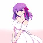  bangs bare_shoulders blush bra_strap breasts chan_co cleavage closed_mouth dress eyebrows_visible_through_hair fate/stay_night fate_(series) from_side gradient gradient_background hair_between_eyes hair_ribbon large_breasts long_hair matou_sakura pink_background puffy_short_sleeves puffy_sleeves purple_eyes purple_hair purple_ribbon ribbon short_sleeves smile solo standing v_arms white_dress 