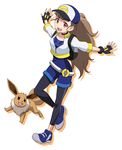  :d bangs baseball_cap belt black_gloves black_neckwear blue_footwear blunt_bangs blush brown_eyes brown_hair choker collarbone cosplay crop_top eevee eyebrows_visible_through_hair female_protagonist_(pokemon_go) female_protagonist_(pokemon_go)_(cosplay) fingerless_gloves foreshortening full_body gen_1_pokemon gloves hat idolmaster idolmaster_cinderella_girls kamiya_nao leg_up leggings long_hair long_sleeves looking_at_viewer nigou open_mouth outstretched_arms pokemon pokemon_(creature) pokemon_go ponytail red_eyes round_teeth shoes simple_background smile sneakers tareme teeth very_long_hair white_background 