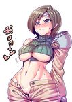  bare_shoulders blush breasts brown_eyes brown_hair final_fantasy final_fantasy_vii headband large_breasts midriff navel ninja short_hair shorts sleeveless sleeveless_turtleneck smile solo tsuki_wani turtleneck underboob yuffie_kisaragi 