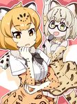  :d animal_ears armpits cat_ears commentary_request elbow_gloves fur_collar glasses gloves gudon_(iukhzl) holding jaguar_(kemono_friends) jaguar_ears jaguar_print kemono_friends light_brown_hair looking_at_viewer margay_(kemono_friends) margay_print microphone multiple_girls open_mouth short_hair silver_hair smile yellow_eyes 