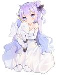  artist_name azur_lane bare_shoulders blue_eyes detached_sleeves dress flat_chest highres long_hair looking_at_viewer one_side_up purple_hair sabet_(young_ouo) simple_background sitting sleeves_past_wrists solo strapless strapless_dress stuffed_alicorn stuffed_animal stuffed_toy unicorn_(azur_lane) wariza white_background white_dress white_legwear 
