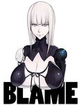  1girl blame! blue_eyes blunt_bangs breasts cibo commentary_request copyright_name cyborg highres huge_breasts long_hair looking_at_viewer pale_skin shoujo_donburi simple_background smile white_background white_hair 