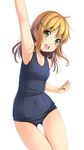  arm_up armpits ass_visible_through_thighs blonde_hair covered_navel cowboy_shot flat_chest green_eyes hair_ornament hairclip highres long_hair looking_at_viewer medium_hair one-piece_swimsuit open_mouth original school_swimsuit shibacha simple_background smile solo swimsuit white_background 