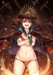  ass_visible_through_thighs bikini black_hair breasts cape cenangam cleavage cowboy_shot crossed_arms eyebrows_visible_through_hair family_crest fate/grand_order fate_(series) floating floating_hair floating_object gun hat headphones headphones_around_neck highres long_hair looking_at_viewer lowleg lowleg_bikini medium_breasts military military_uniform navel oda_nobunaga_(fate) oda_nobunaga_(swimsuit_berserker)_(fate) open_mouth peaked_cap red_bikini red_eyes round_teeth side-tie_bikini smile solo sparkle standing stomach swimsuit teeth uniform upper_teeth weapon 