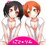  10s 2girls black_hair blush breasts brown_eyes cleavage hoshizora_rin looking_at_viewer love_live! love_live!_school_idol_project multiple_girls no_bra orange_hair red_disappointment red_eyes short_hair simple_background small_breasts smile translation_request twintails white_background yazawa_nico 