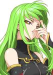  bangs bare_shoulders black_dress breasts c.c. code_geass commentary_request creayus dress eyebrows_visible_through_hair green_hair hand_over_face long_hair looking_at_viewer medium_breasts parted_lips simple_background solo turtleneck white_background yellow_eyes 
