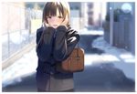  bag bangs blurry blush brown_eyes brown_hair commentary depth_of_field duffel_coat hinoshita_akame idolmaster idolmaster_cinderella_girls long_hair looking_at_viewer mizumoto_yukari school_uniform smile solo winter_clothes 