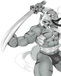  2018 617foreverwithy abs anthro biceps canine clothing digital_media_(artwork) fur hair hi_res male mammal melee_weapon muscular muscular_male nipples pecs scar solo sword weapon wolf 