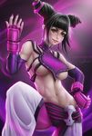  1girl bracelet breasts drill_hair fingerless_gloves gloves han_juri lolliedrop off_shoulder purple_eyes sideboob solo spiked_bracelet spikes stomach street_fighter street_fighter_v twin_drills 