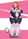  absurdres belt better-with-salt big_belly blush bodysuit boku_no_hero_academia boots breasts brown_eyes brown_hair commentary fat_folds full_body highres large_breasts muffin_top nervous_smile obese short_hair skin_tight skindentation solo thick_eyebrows thick_thighs thighs uraraka_ochako wavy_mouth weighing_scale weight weight_conscious wide_hips 